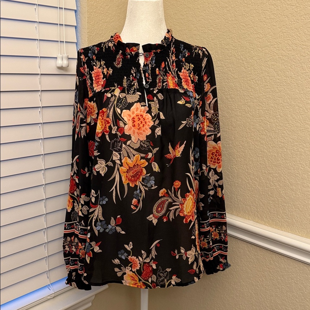 LOFT Paisley and Floral Print Long Sleeve Blouse Smocked Women's Small